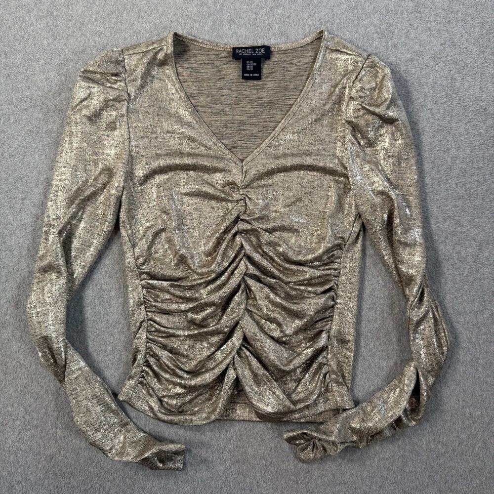 Rachel Zoe X-Small Gold Metallic Ruched Puff Sleeve V-Neck Top Blouse Pullover